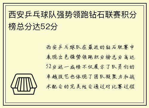 西安乒乓球队强势领跑钻石联赛积分榜总分达52分